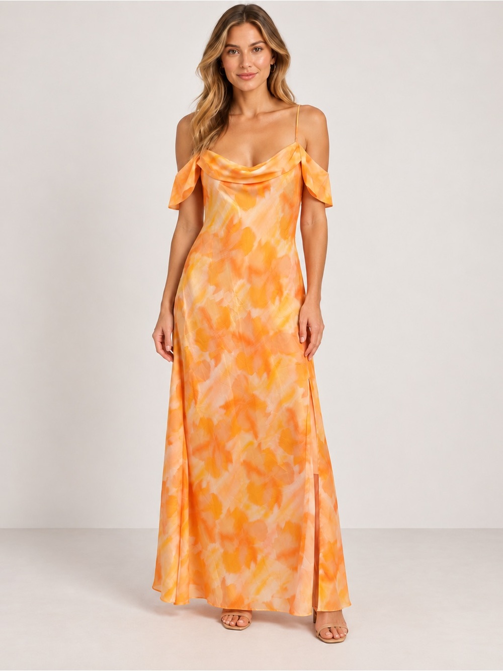 ASTR The Label Orange Abstract Floral Cowl Neck Maxi Dress XL